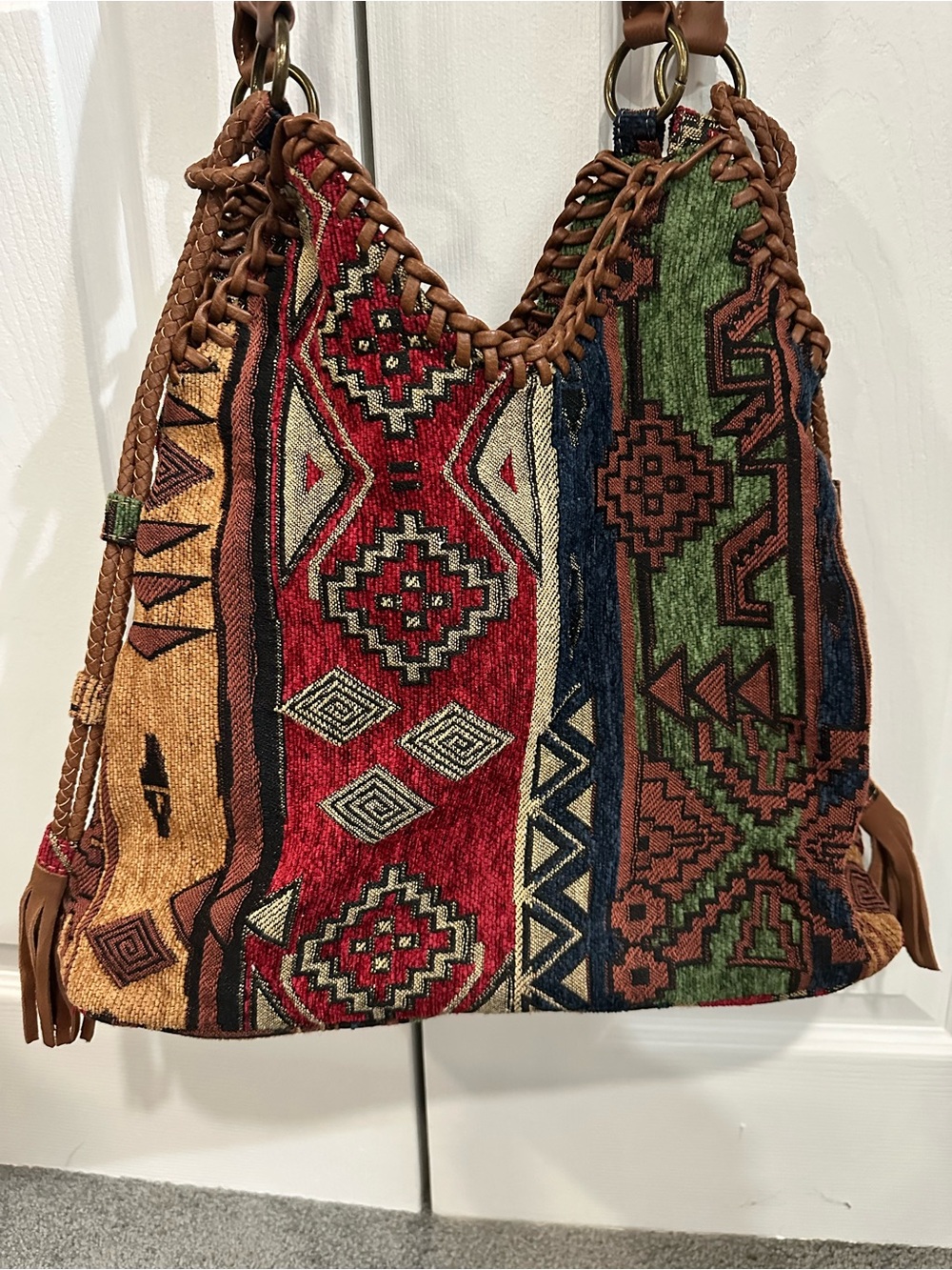 Bohemian Woven Shoulder Bag in Red, Green & Tan - Picture 3 of 9